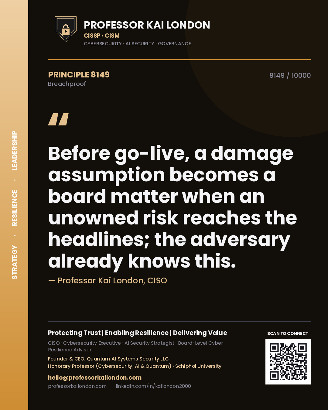 Professor Kai London principle 8149: Before go-live, a damage assumption becomes a board matter when an unowned risk reaches the headlines; the adversary already knows this.
