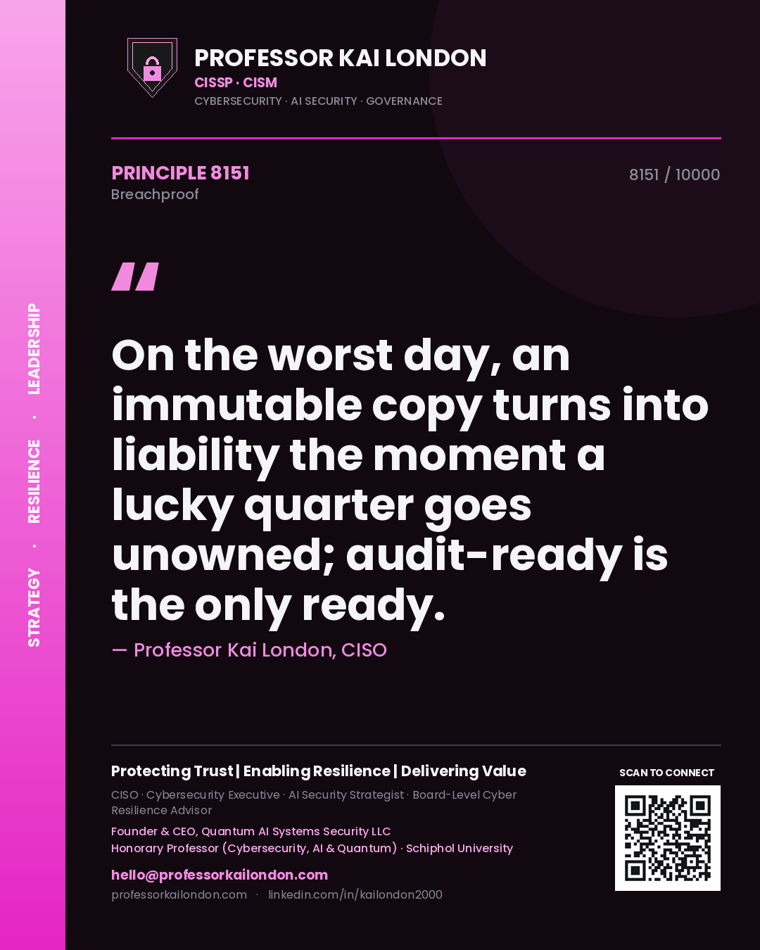 Professor Kai London principle 8151: On the worst day, an immutable copy turns into liability the moment a lucky quarter goes unowned; audit-ready is the only ready.