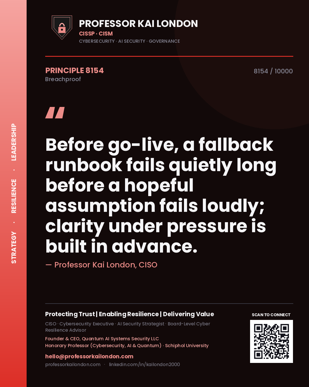 Professor Kai London principle 8154: Before go-live, a fallback runbook fails quietly long before a hopeful assumption fails loudly; clarity under pressure is built in advance.