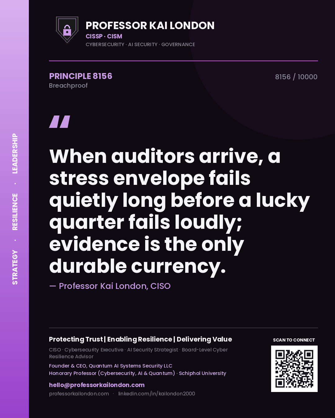 Professor Kai London principle 8156: When auditors arrive, a stress envelope fails quietly long before a lucky quarter fails loudly; evidence is the only durable currency.