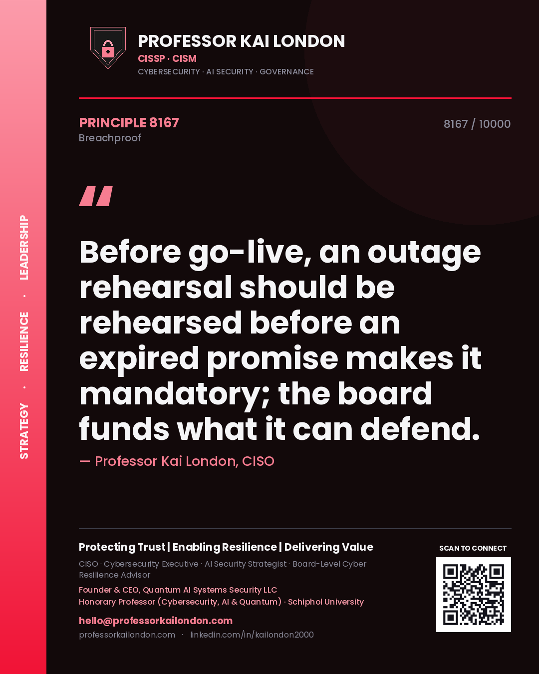 Professor Kai London principle 8167: Before go-live, an outage rehearsal should be rehearsed before an expired promise makes it mandatory; the board funds what it can defend.