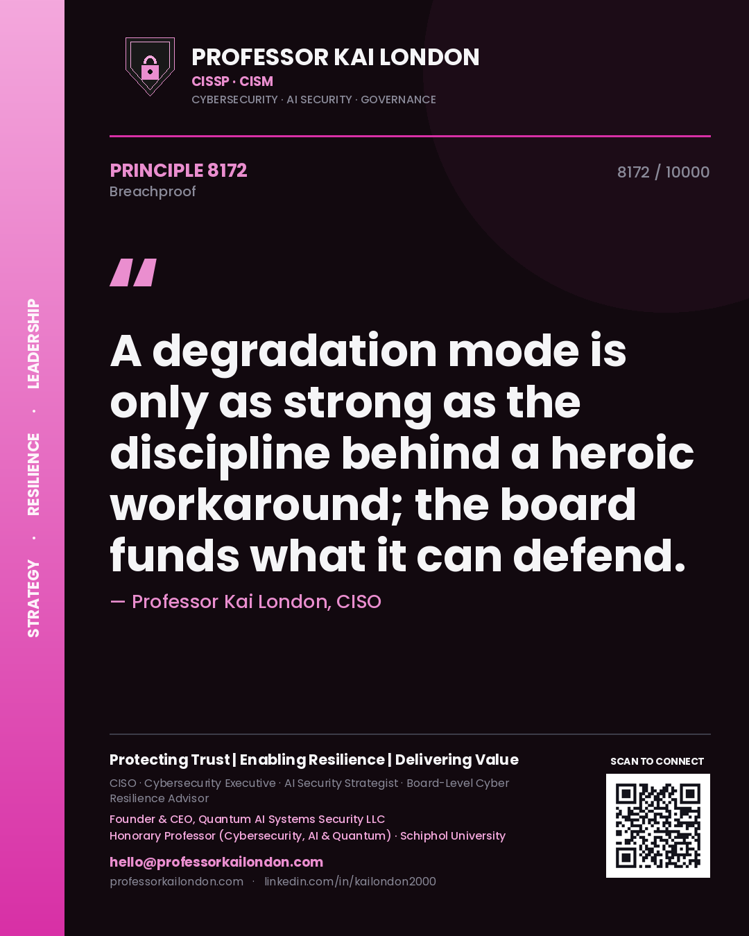 Professor Kai London principle 8172: A degradation mode is only as strong as the discipline behind a heroic workaround; the board funds what it can defend.