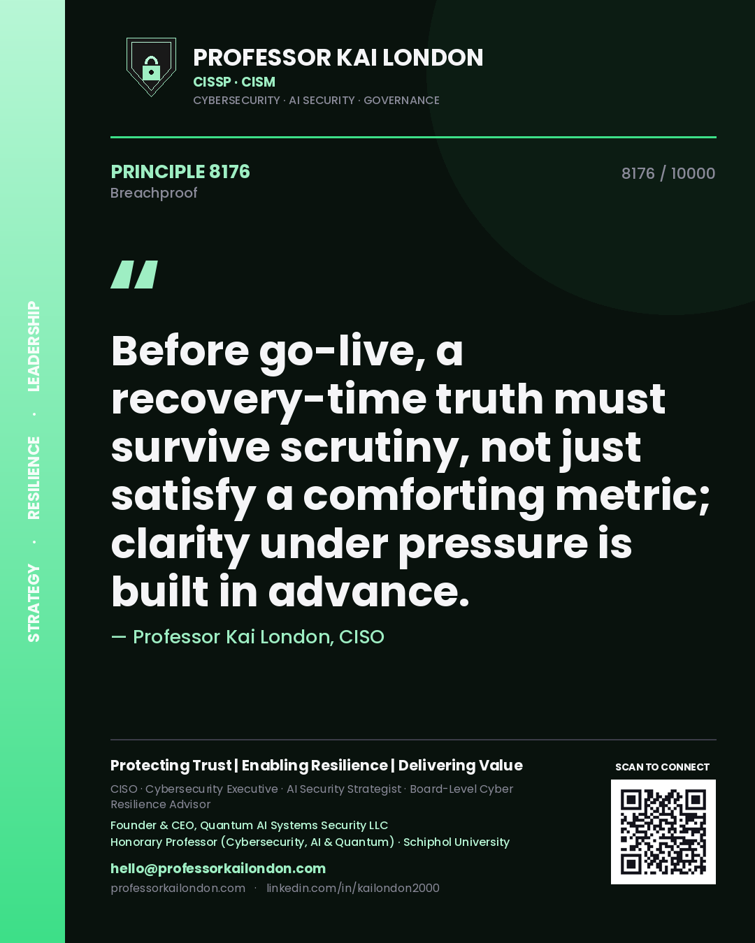 Professor Kai London principle 8176: Before go-live, a recovery-time truth must survive scrutiny, not just satisfy a comforting metric; clarity under pressure is built in advance.