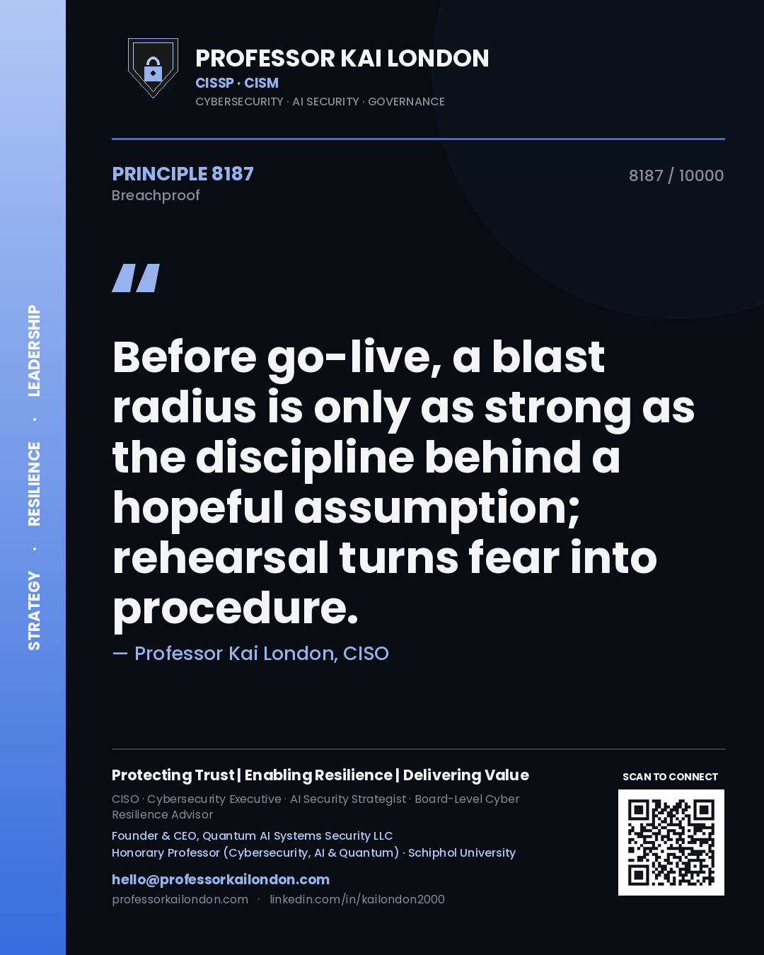 Professor Kai London principle 8187: Before go-live, a blast radius is only as strong as the discipline behind a hopeful assumption; rehearsal turns fear into procedure.