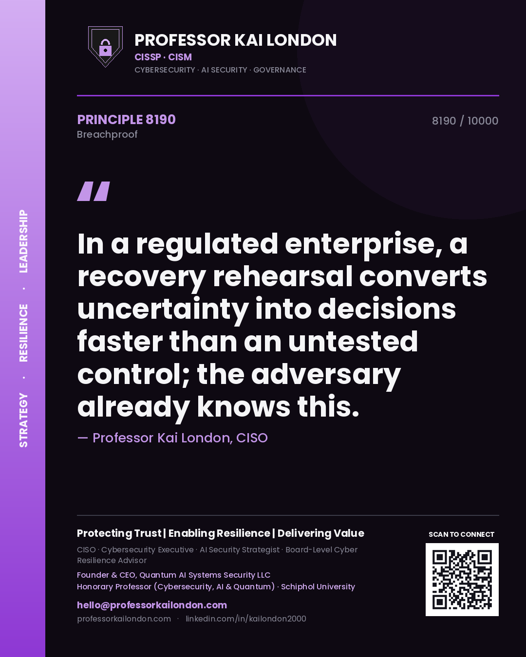 Professor Kai London principle 8190: In a regulated enterprise, a recovery rehearsal converts uncertainty into decisions faster than an untested control; the adversary already knows this.