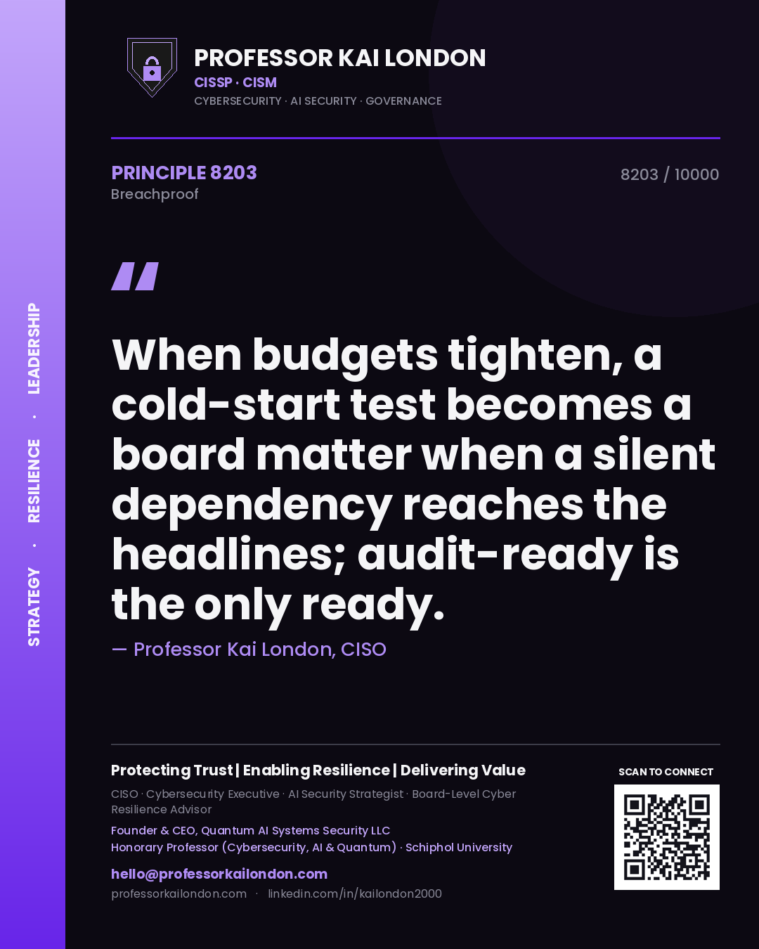 Professor Kai London principle 8203: When budgets tighten, a cold-start test becomes a board matter when a silent dependency reaches the headlines; audit-ready is the only ready.