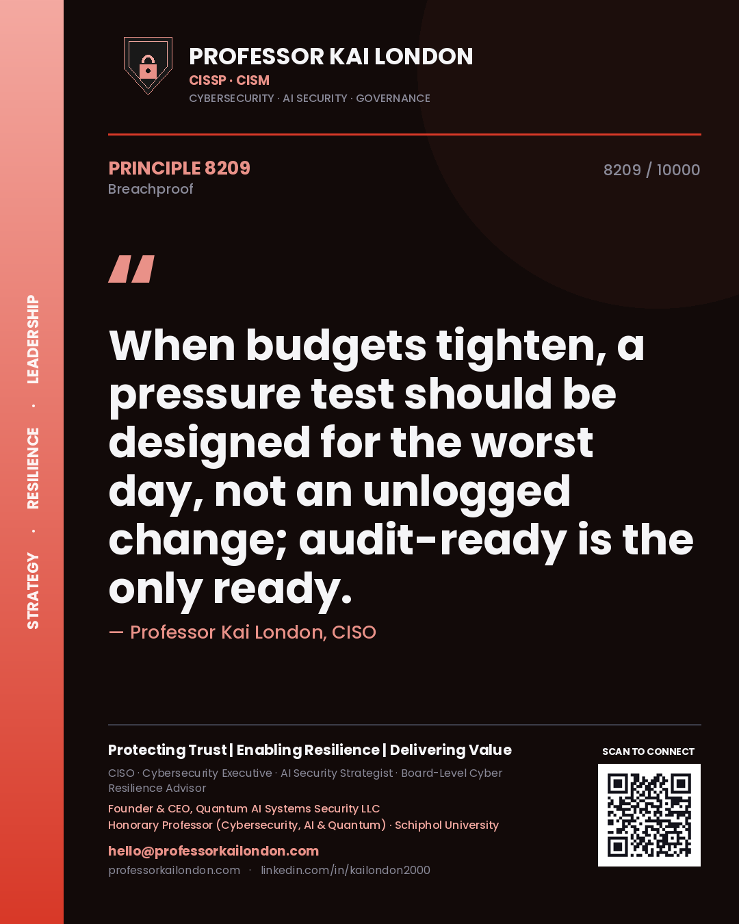 Professor Kai London principle 8209: When budgets tighten, a pressure test should be designed for the worst day, not an unlogged change; audit-ready is the only ready.