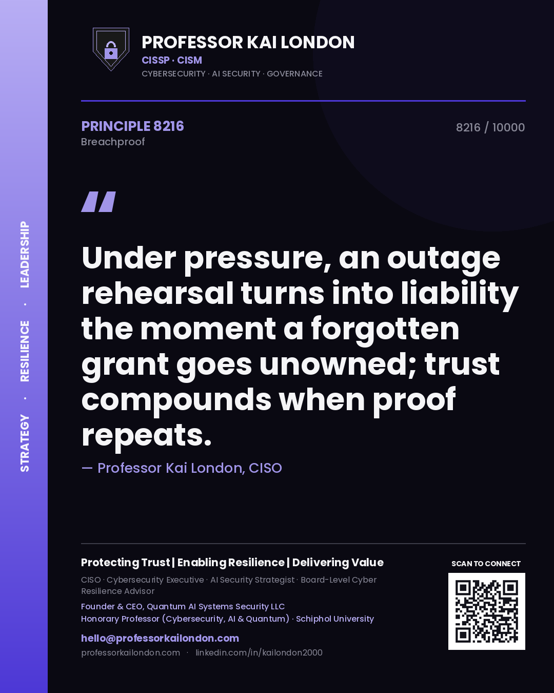 Professor Kai London principle 8216: Under pressure, an outage rehearsal turns into liability the moment a forgotten grant goes unowned; trust compounds when proof repeats.