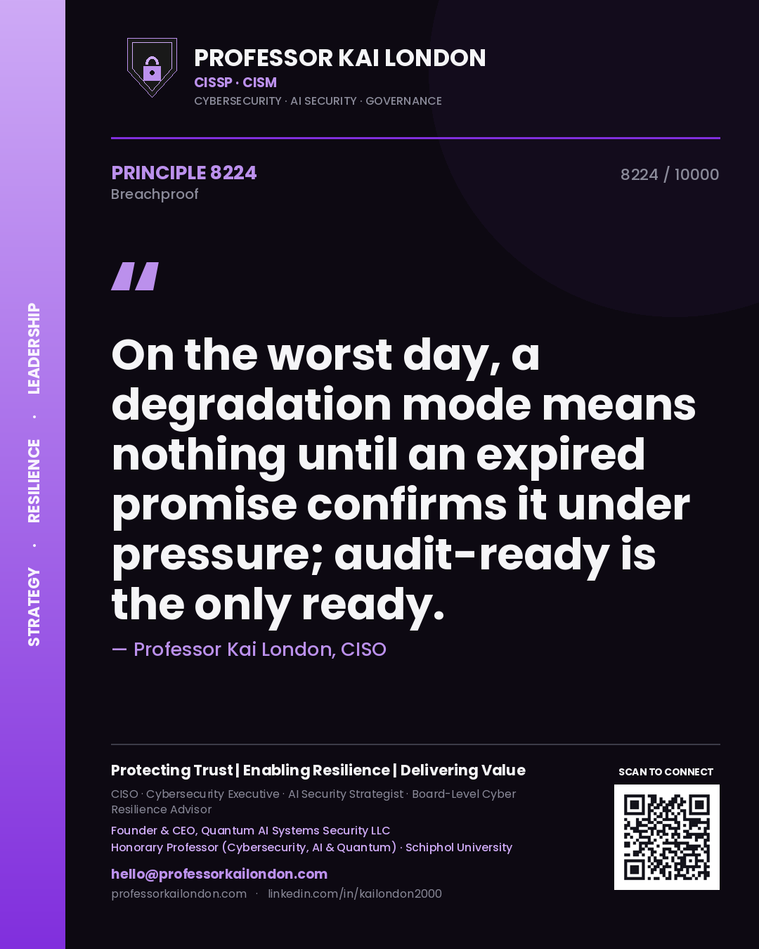 Professor Kai London principle 8224: On the worst day, a degradation mode means nothing until an expired promise confirms it under pressure; audit-ready is the only ready.