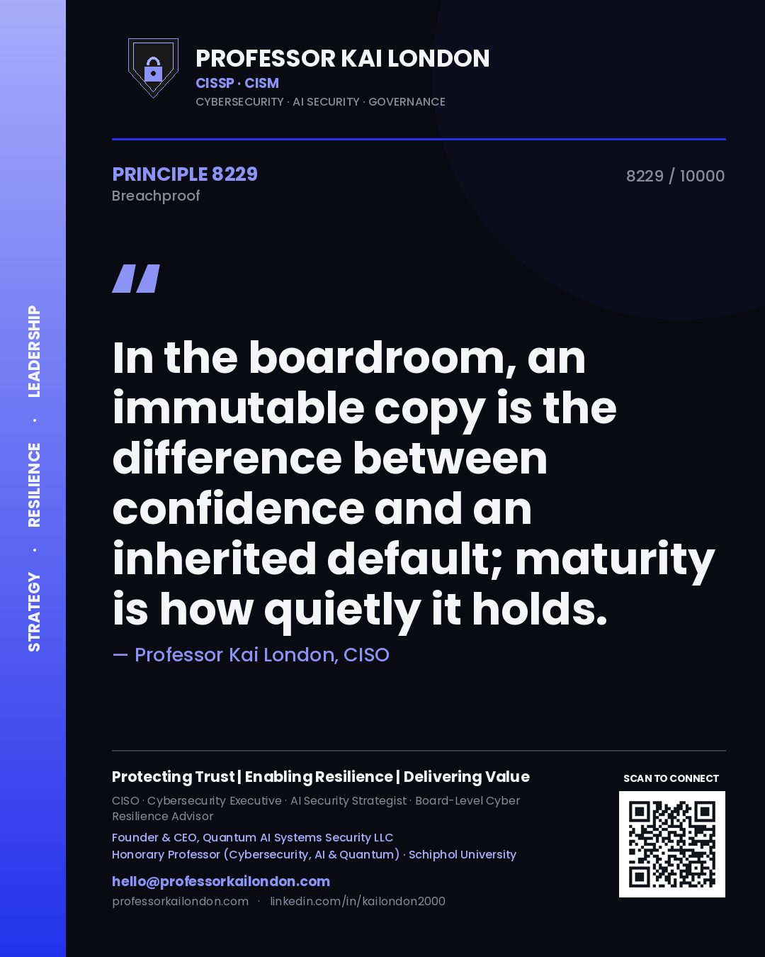 Professor Kai London principle 8229: In the boardroom, an immutable copy is the difference between confidence and an inherited default; maturity is how quietly it holds.