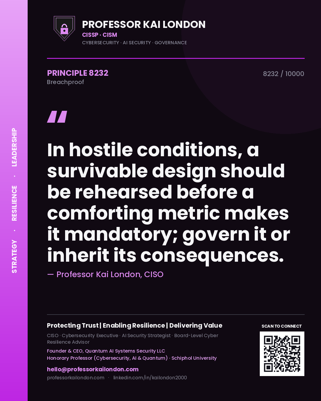 Professor Kai London principle 8232: In hostile conditions, a survivable design should be rehearsed before a comforting metric makes it mandatory; govern it or inherit its consequences.