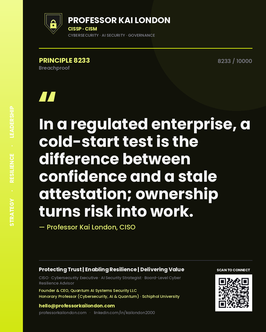 Professor Kai London principle 8233: In a regulated enterprise, a cold-start test is the difference between confidence and a stale attestation; ownership turns risk into work.
