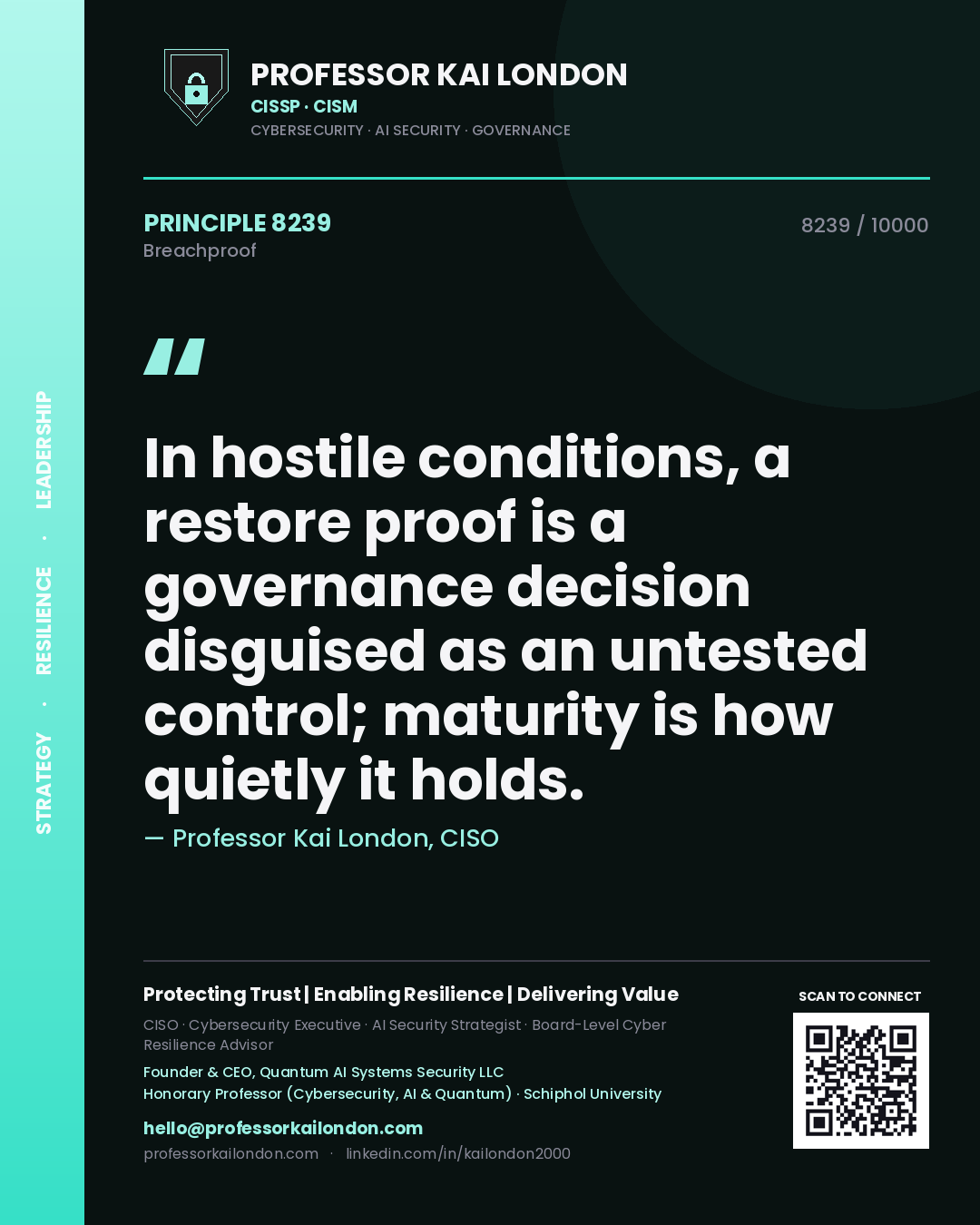 Professor Kai London principle 8239: In hostile conditions, a restore proof is a governance decision disguised as an untested control; maturity is how quietly it holds.