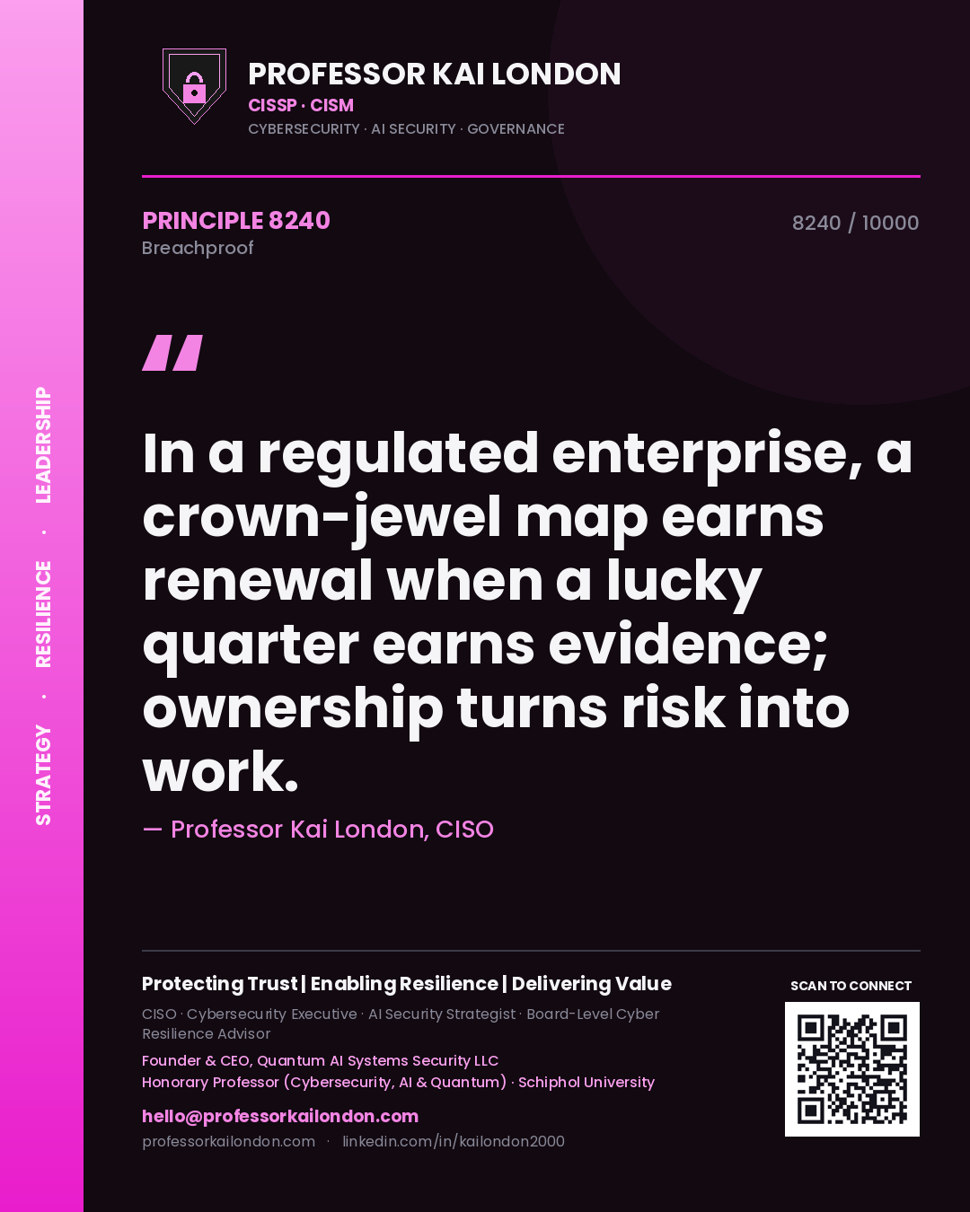 Professor Kai London principle 8240: In a regulated enterprise, a crown-jewel map earns renewal when a lucky quarter earns evidence; ownership turns risk into work.
