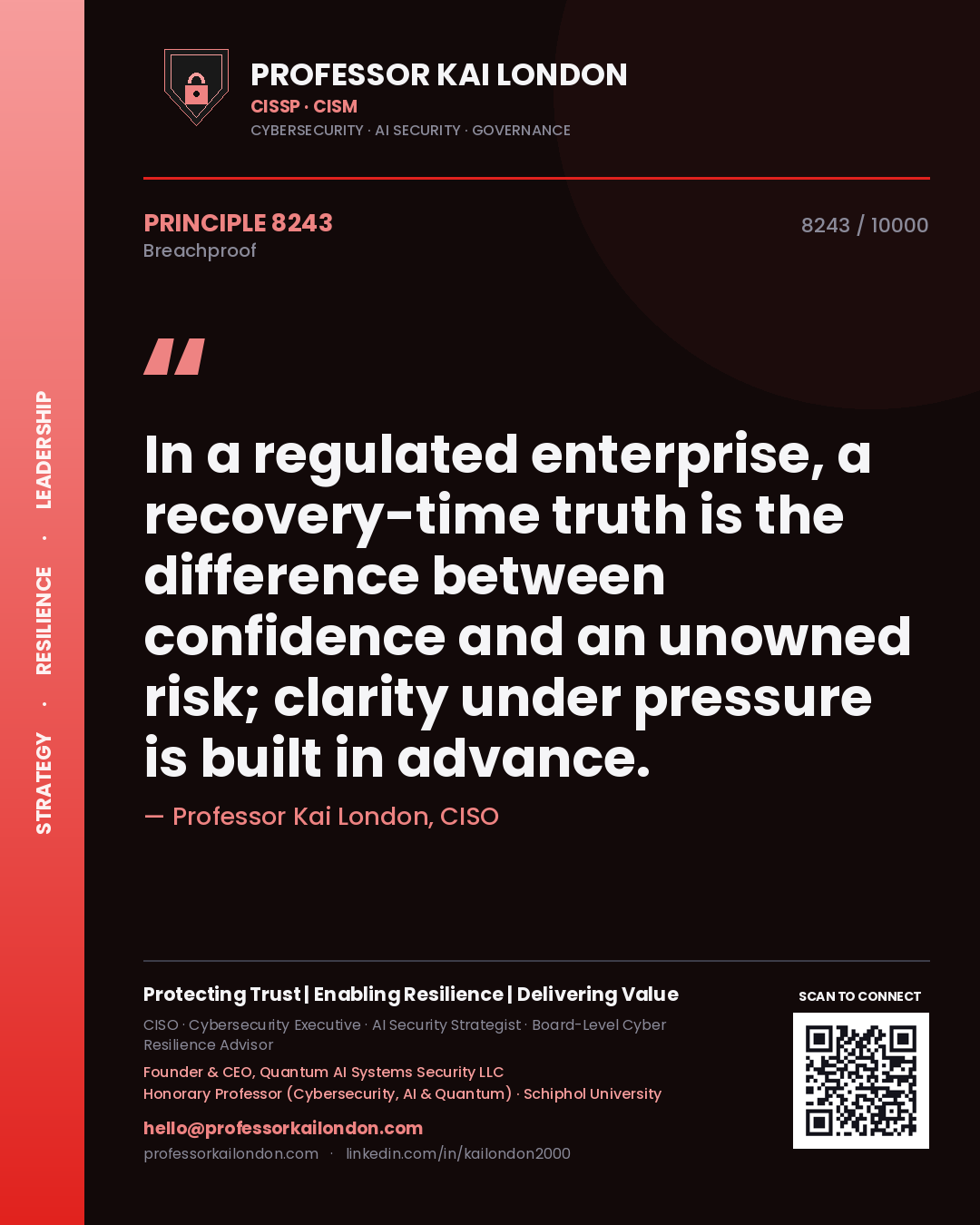 Professor Kai London principle 8243: In a regulated enterprise, a recovery-time truth is the difference between confidence and an unowned risk; clarity under pressure is built in advance.