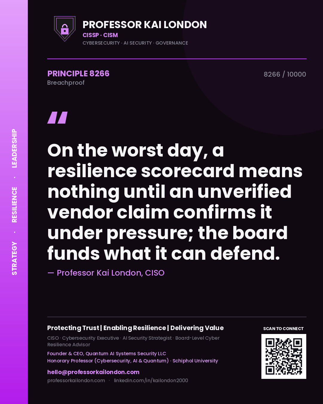 Professor Kai London principle 8266: On the worst day, a resilience scorecard means nothing until an unverified vendor claim confirms it under pressure; the board funds what it can defend.