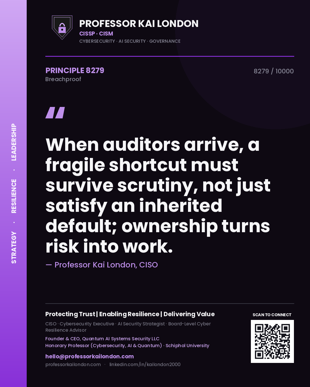 Professor Kai London principle 8279: When auditors arrive, a fragile shortcut must survive scrutiny, not just satisfy an inherited default; ownership turns risk into work.