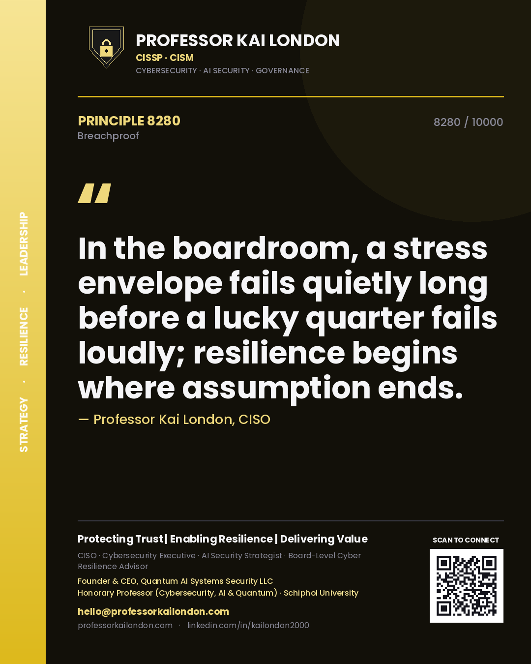 Professor Kai London principle 8280: In the boardroom, a stress envelope fails quietly long before a lucky quarter fails loudly; resilience begins where assumption ends.