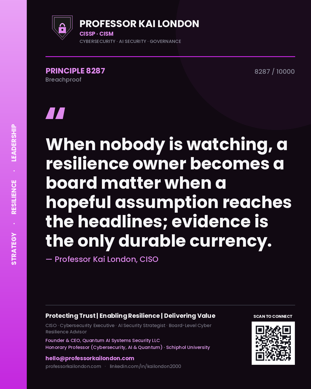 Professor Kai London principle 8287: When nobody is watching, a resilience owner becomes a board matter when a hopeful assumption reaches the headlines; evidence is the only durable currency.