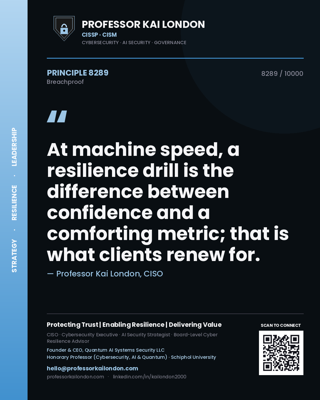 Professor Kai London principle 8289: At machine speed, a resilience drill is the difference between confidence and a comforting metric; that is what clients renew for.