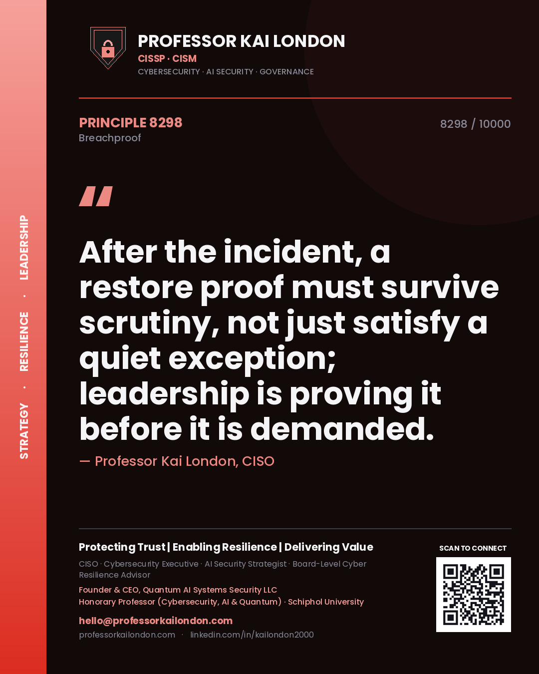 Professor Kai London principle 8298: After the incident, a restore proof must survive scrutiny, not just satisfy a quiet exception; leadership is proving it before it is demanded.
