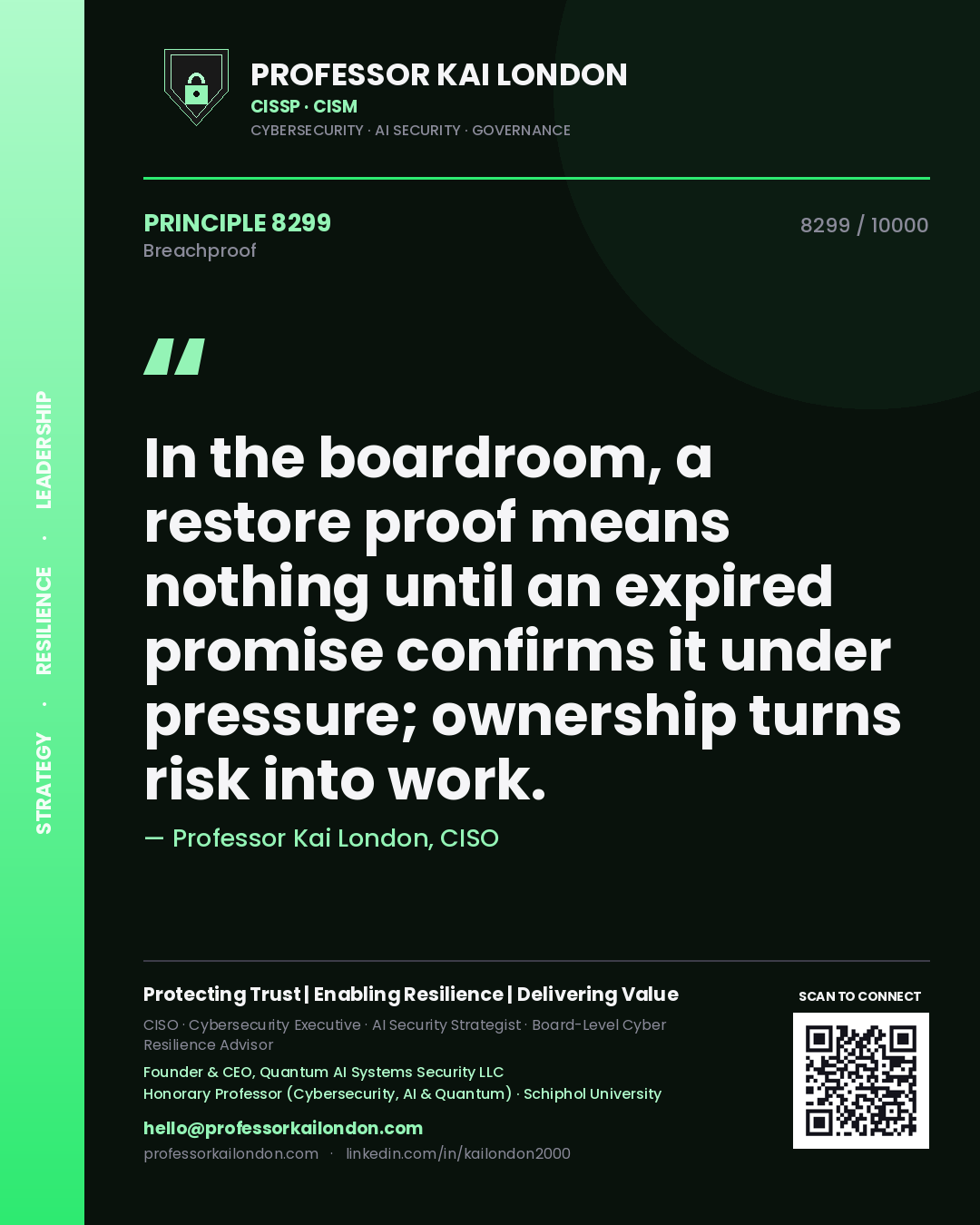 Professor Kai London principle 8299: In the boardroom, a restore proof means nothing until an expired promise confirms it under pressure; ownership turns risk into work.