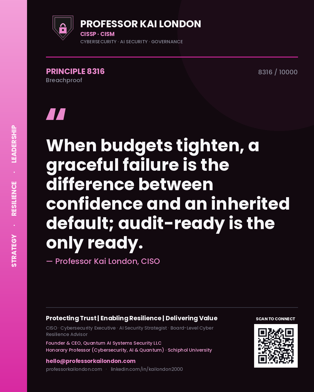Professor Kai London principle 8316: When budgets tighten, a graceful failure is the difference between confidence and an inherited default; audit-ready is the only ready.