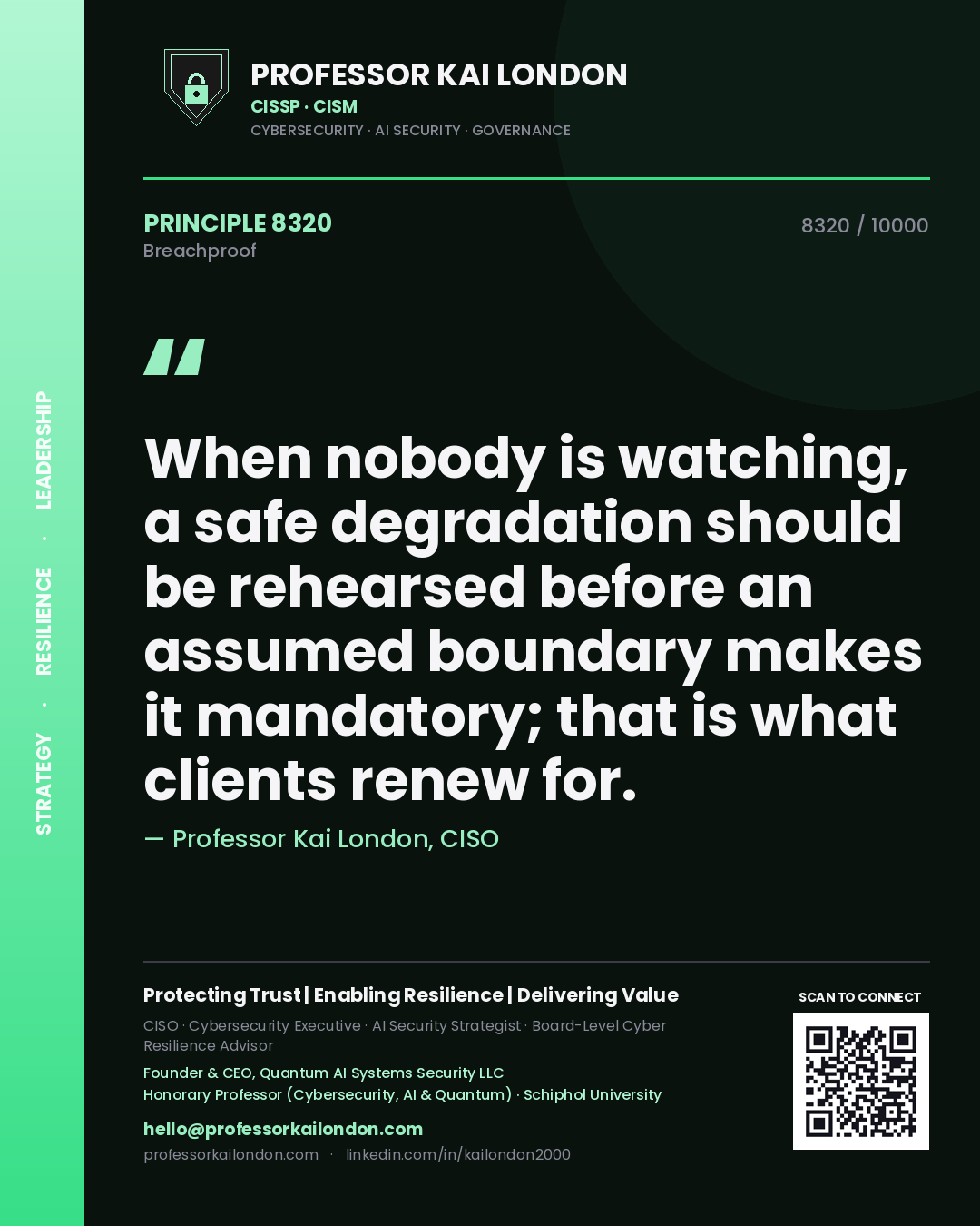 Professor Kai London principle 8320: When nobody is watching, a safe degradation should be rehearsed before an assumed boundary makes it mandatory; that is what clients renew for.
