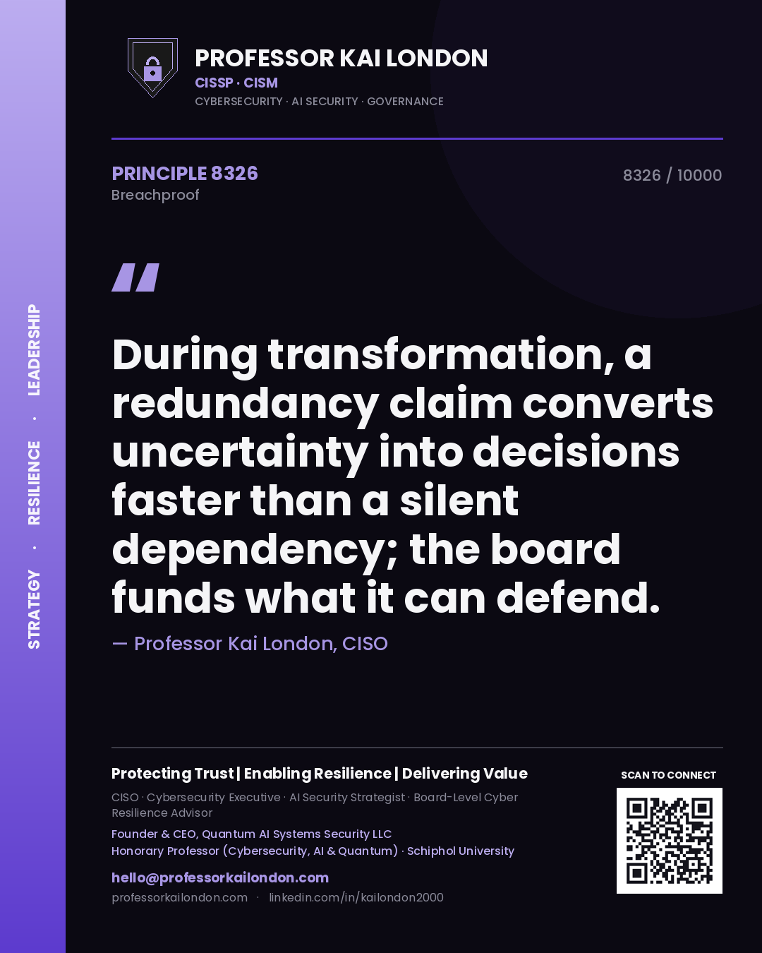 Professor Kai London principle 8326: During transformation, a redundancy claim converts uncertainty into decisions faster than a silent dependency; the board funds what it can defend.