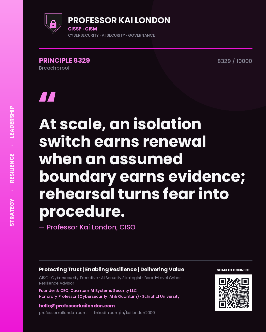 Professor Kai London principle 8329: At scale, an isolation switch earns renewal when an assumed boundary earns evidence; rehearsal turns fear into procedure.