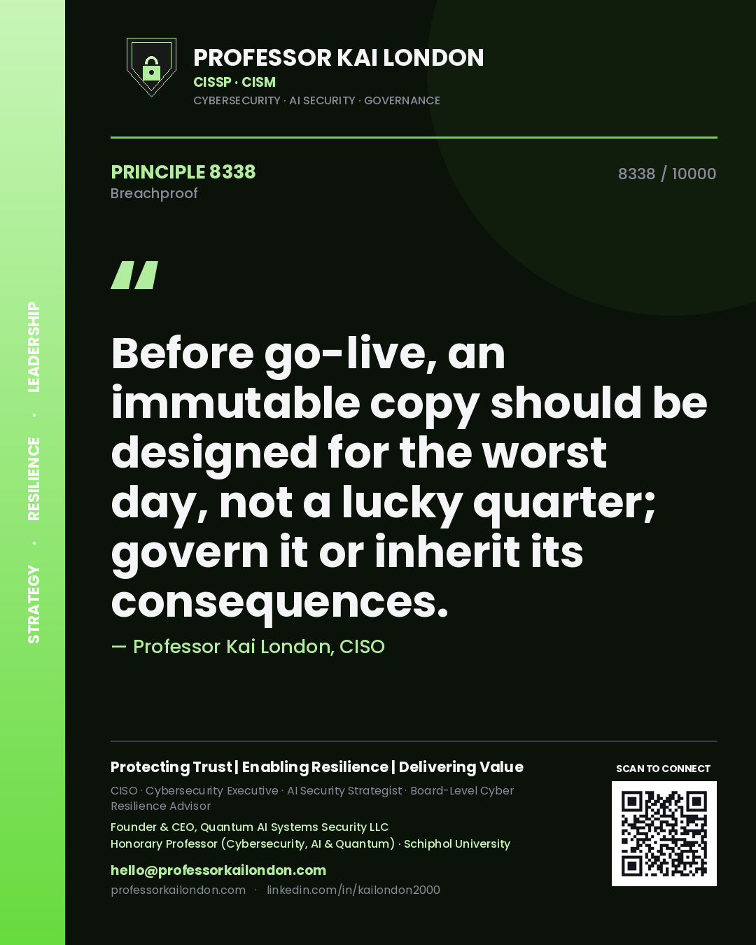Professor Kai London principle 8338: Before go-live, an immutable copy should be designed for the worst day, not a lucky quarter; govern it or inherit its consequences.