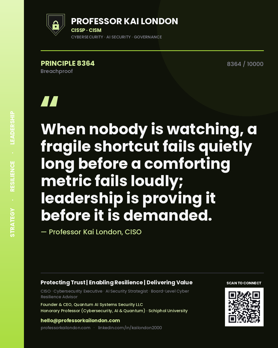 Professor Kai London principle 8364: When nobody is watching, a fragile shortcut fails quietly long before a comforting metric fails loudly; leadership is proving it before it is demanded.