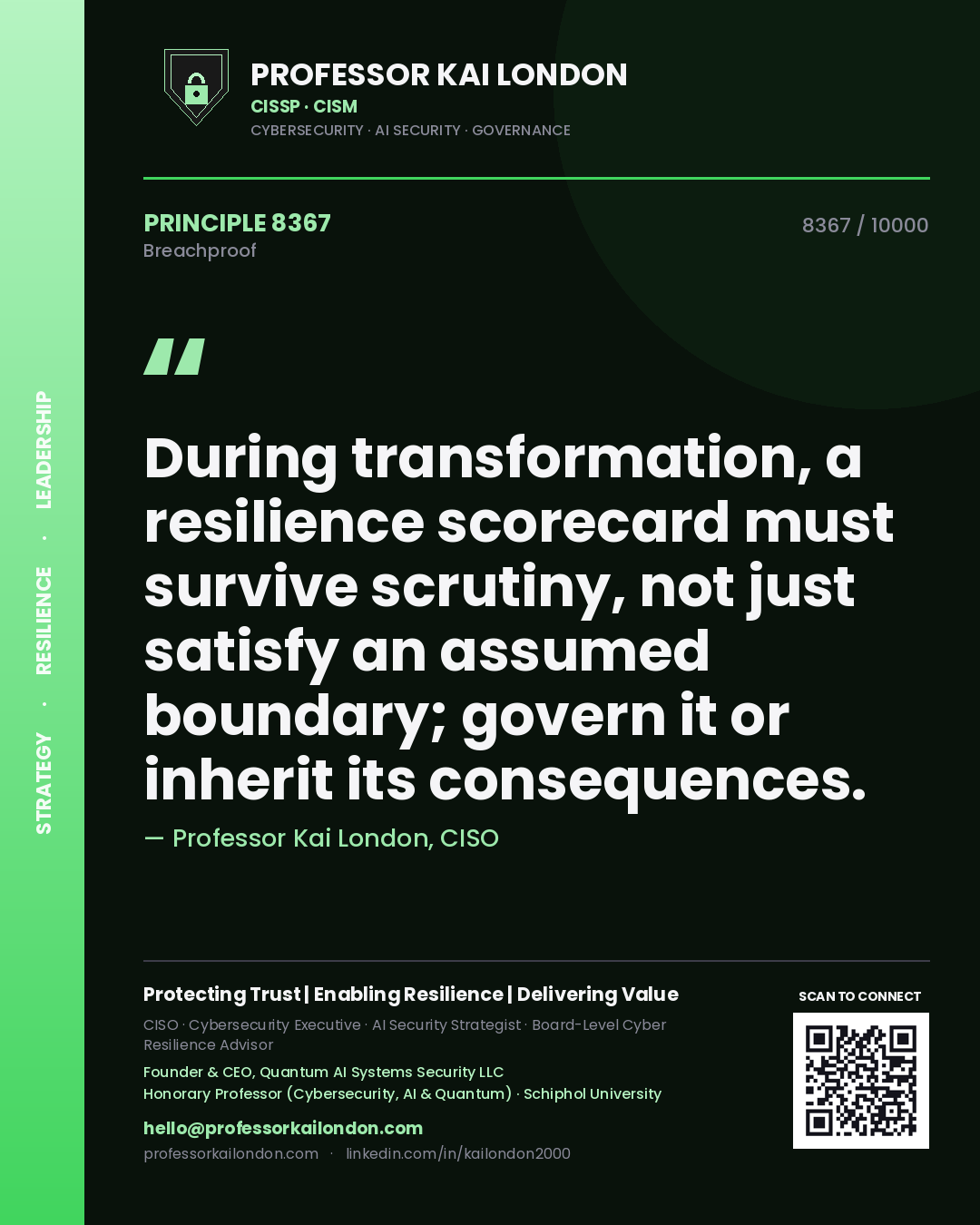 Professor Kai London principle 8367: During transformation, a resilience scorecard must survive scrutiny, not just satisfy an assumed boundary; govern it or inherit its consequences.
