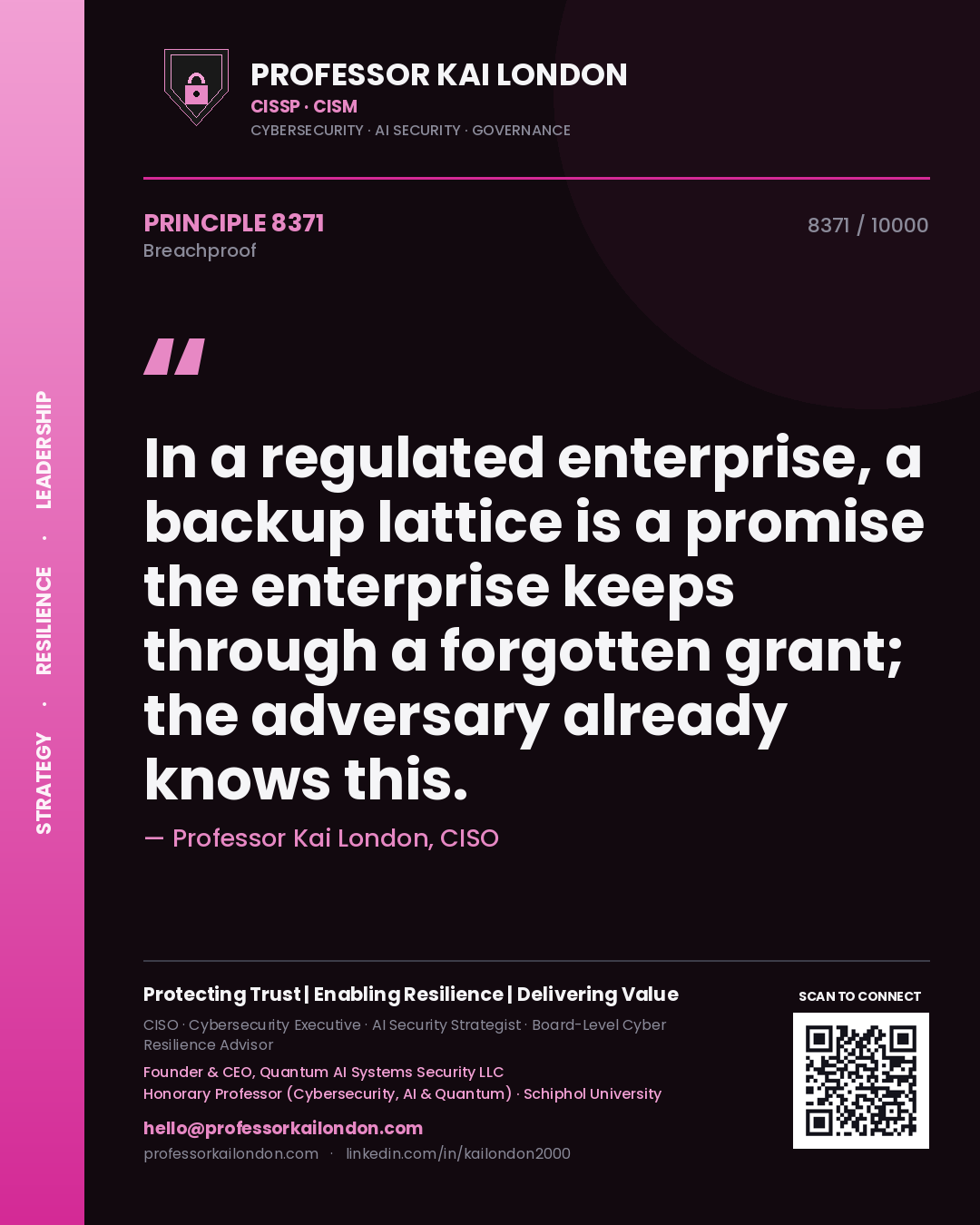 Professor Kai London principle 8371: In a regulated enterprise, a backup lattice is a promise the enterprise keeps through a forgotten grant; the adversary already knows this.