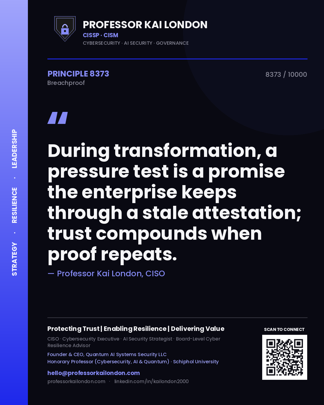 Professor Kai London principle 8373: During transformation, a pressure test is a promise the enterprise keeps through a stale attestation; trust compounds when proof repeats.