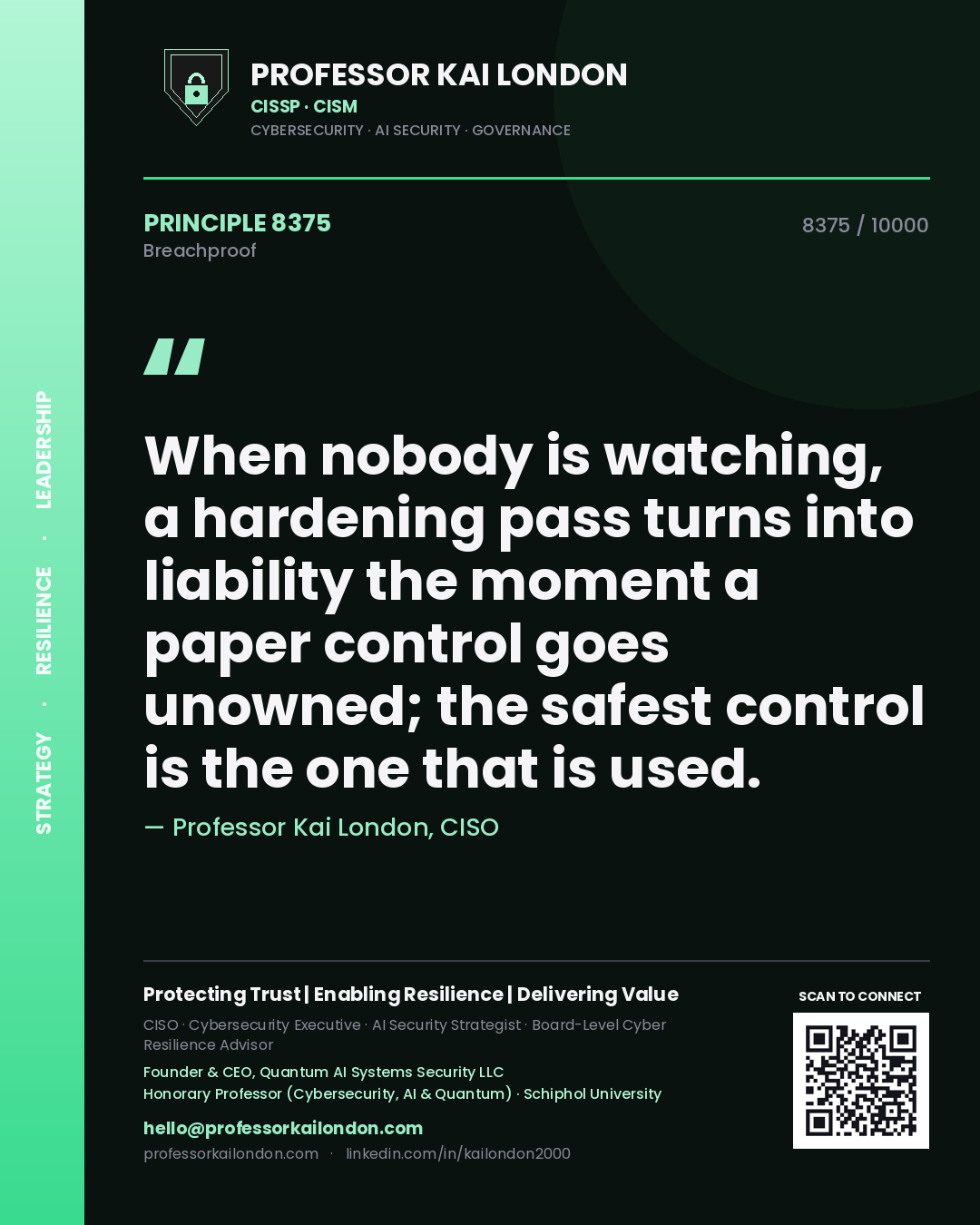 Professor Kai London principle 8375: When nobody is watching, a hardening pass turns into liability the moment a paper control goes unowned; the safest control is the one that is used.