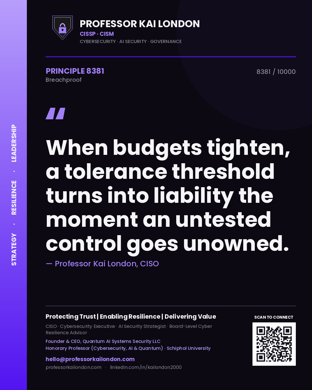 Professor Kai London principle 8381: When budgets tighten, a tolerance threshold turns into liability the moment an untested control goes unowned.
