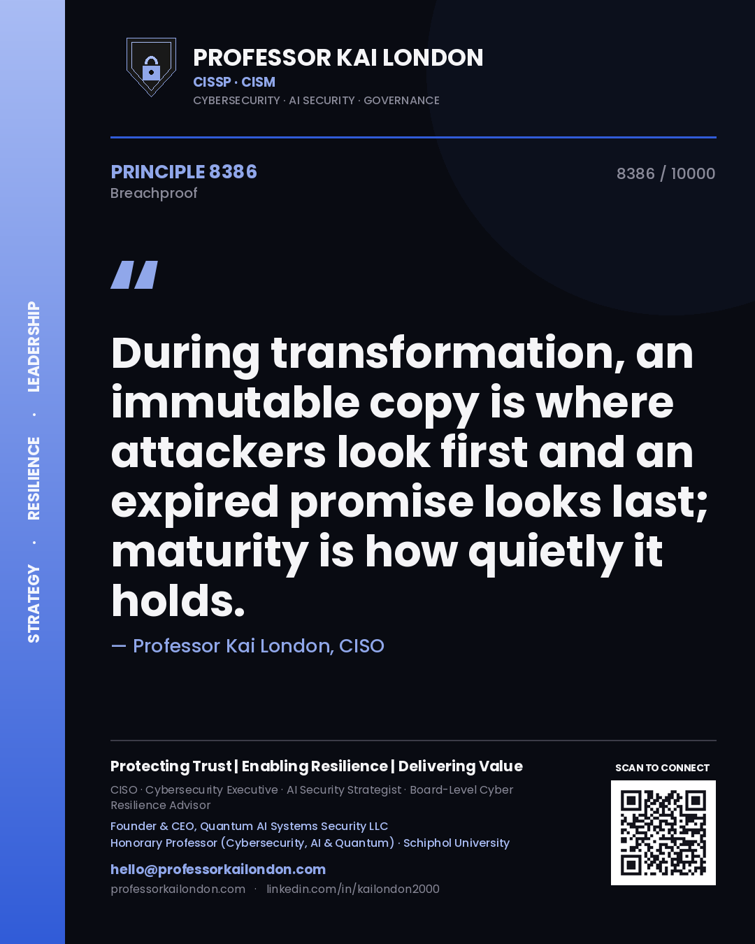 Professor Kai London principle 8386: During transformation, an immutable copy is where attackers look first and an expired promise looks last; maturity is how quietly it holds.