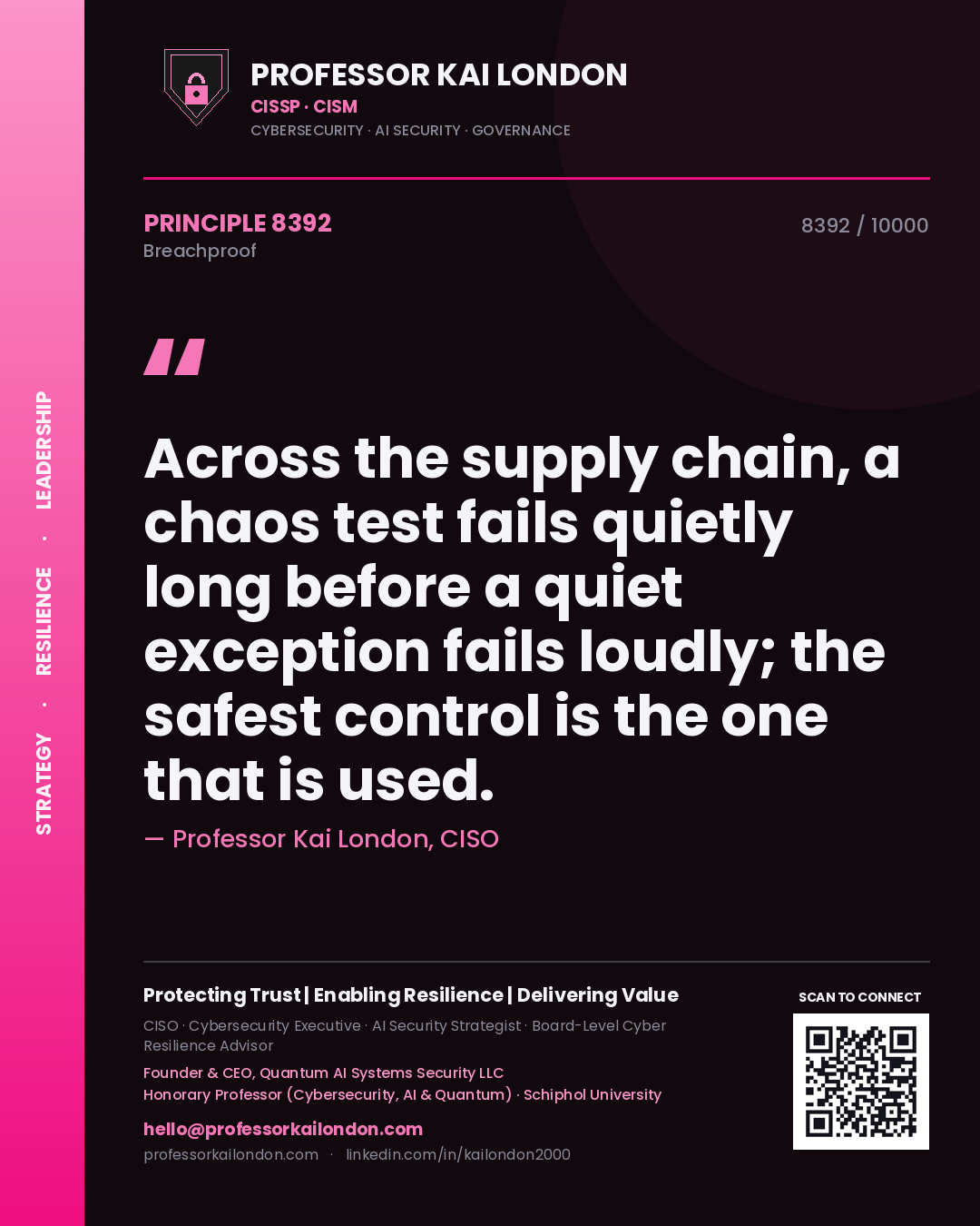 Professor Kai London principle 8392: Across the supply chain, a chaos test fails quietly long before a quiet exception fails loudly; the safest control is the one that is used.