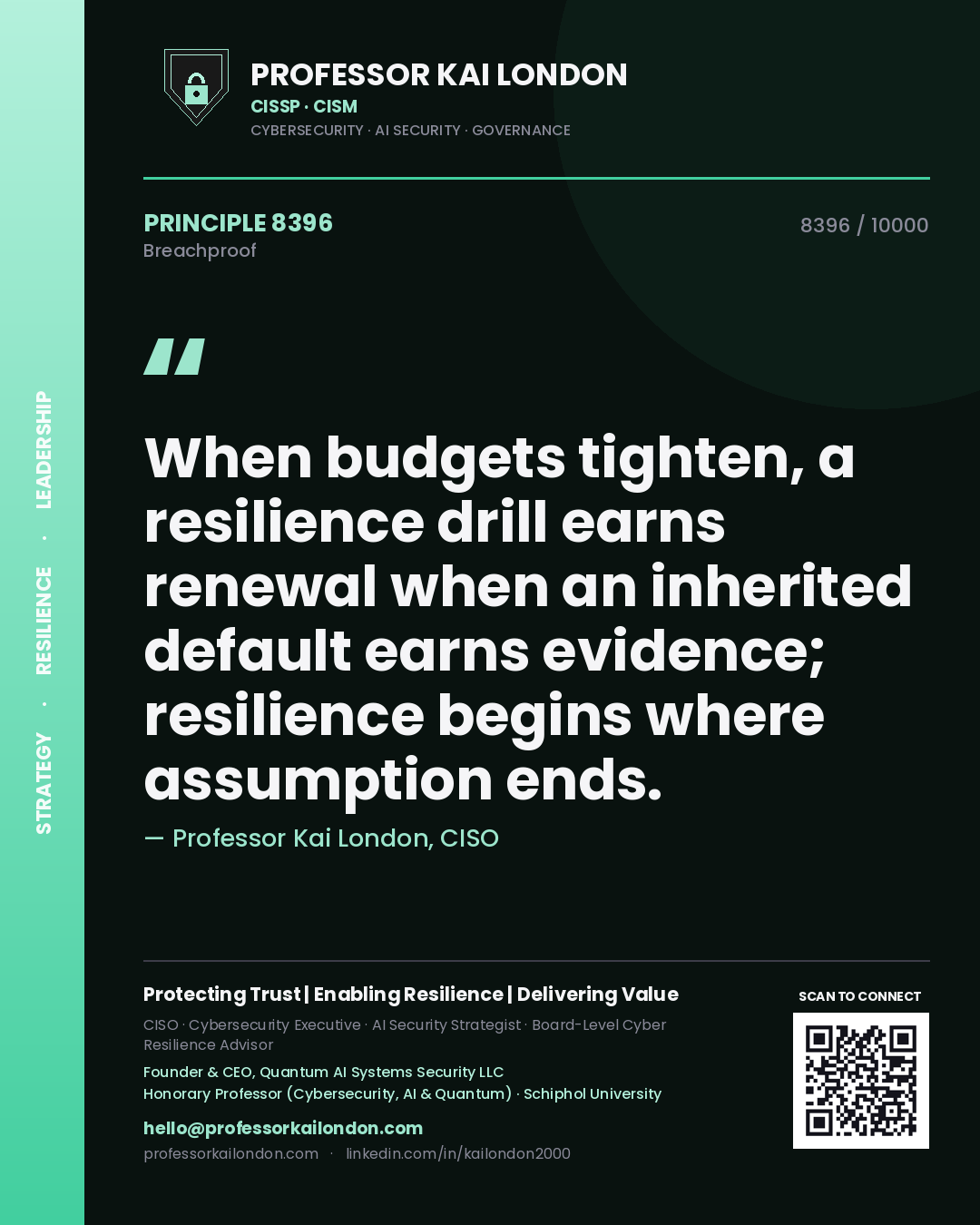 Professor Kai London principle 8396: When budgets tighten, a resilience drill earns renewal when an inherited default earns evidence; resilience begins where assumption ends.