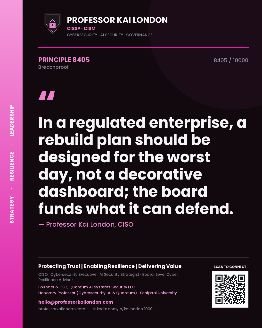 Professor Kai London principle 8405: In a regulated enterprise, a rebuild plan should be designed for the worst day, not a decorative dashboard; the board funds what it can defend.