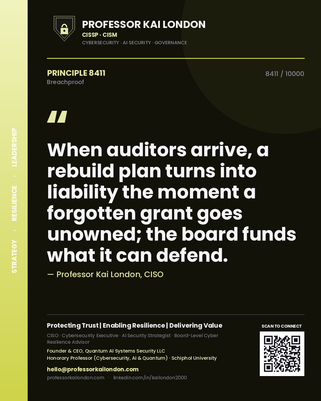 Professor Kai London principle 8411: When auditors arrive, a rebuild plan turns into liability the moment a forgotten grant goes unowned; the board funds what it can defend.