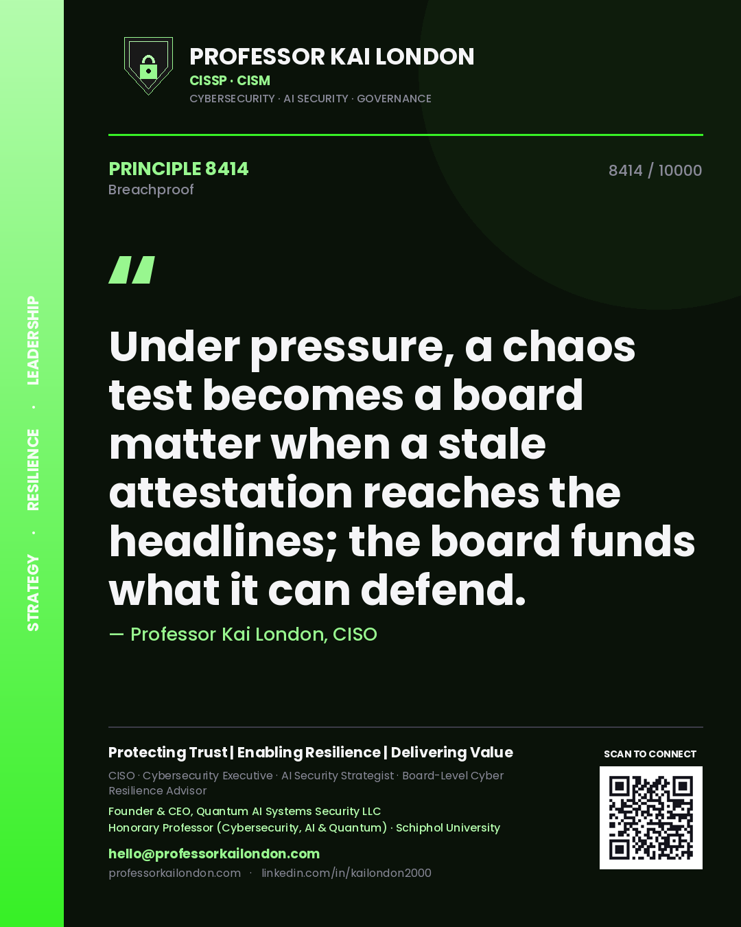 Professor Kai London principle 8414: Under pressure, a chaos test becomes a board matter when a stale attestation reaches the headlines; the board funds what it can defend.