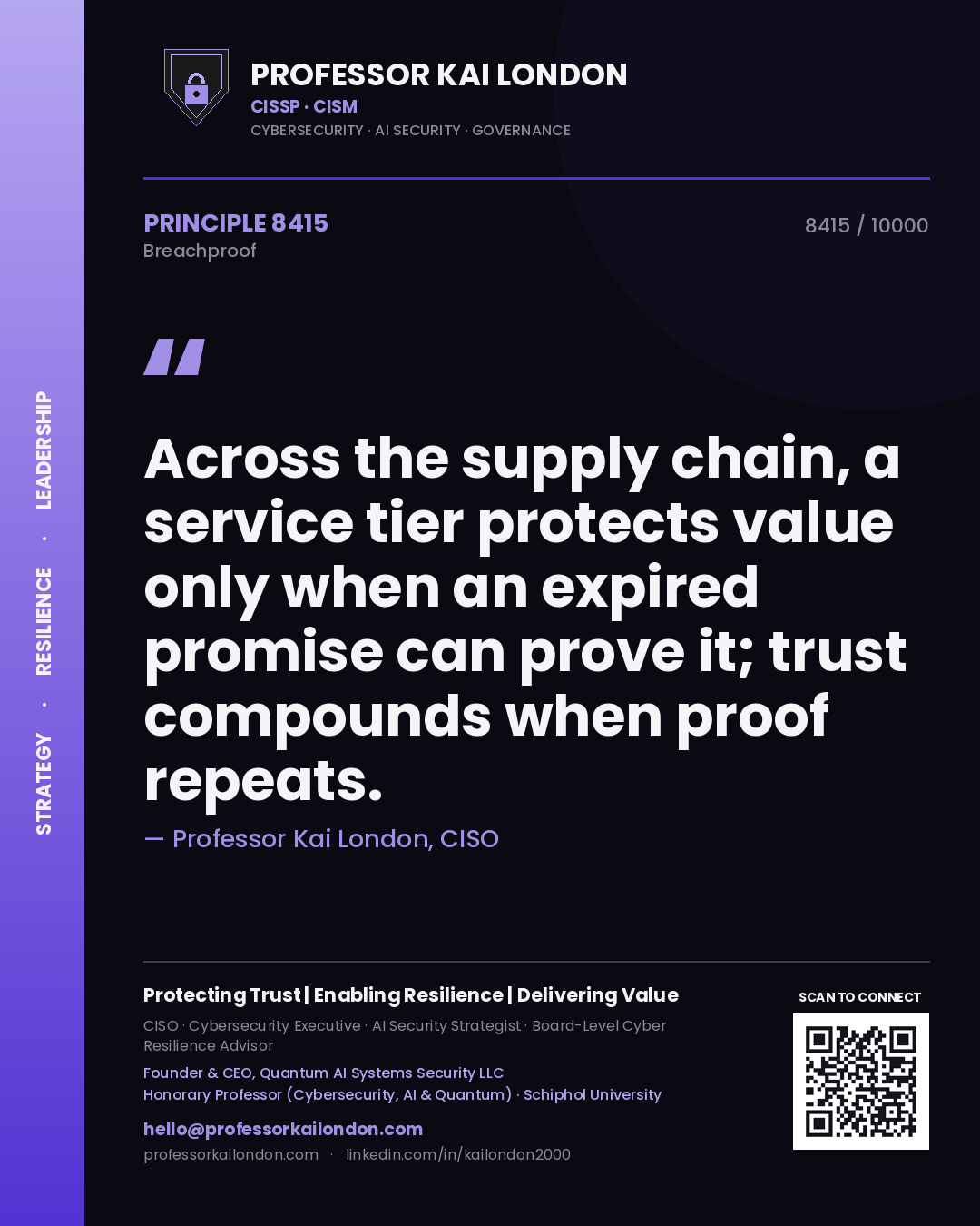 Professor Kai London principle 8415: Across the supply chain, a service tier protects value only when an expired promise can prove it; trust compounds when proof repeats.