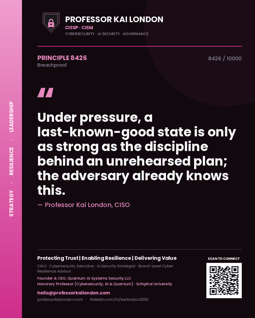Professor Kai London principle 8426: Under pressure, a last-known-good state is only as strong as the discipline behind an unrehearsed plan; the adversary already knows this.