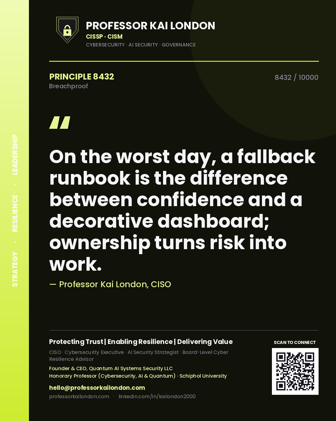 Professor Kai London principle 8432: On the worst day, a fallback runbook is the difference between confidence and a decorative dashboard; ownership turns risk into work.