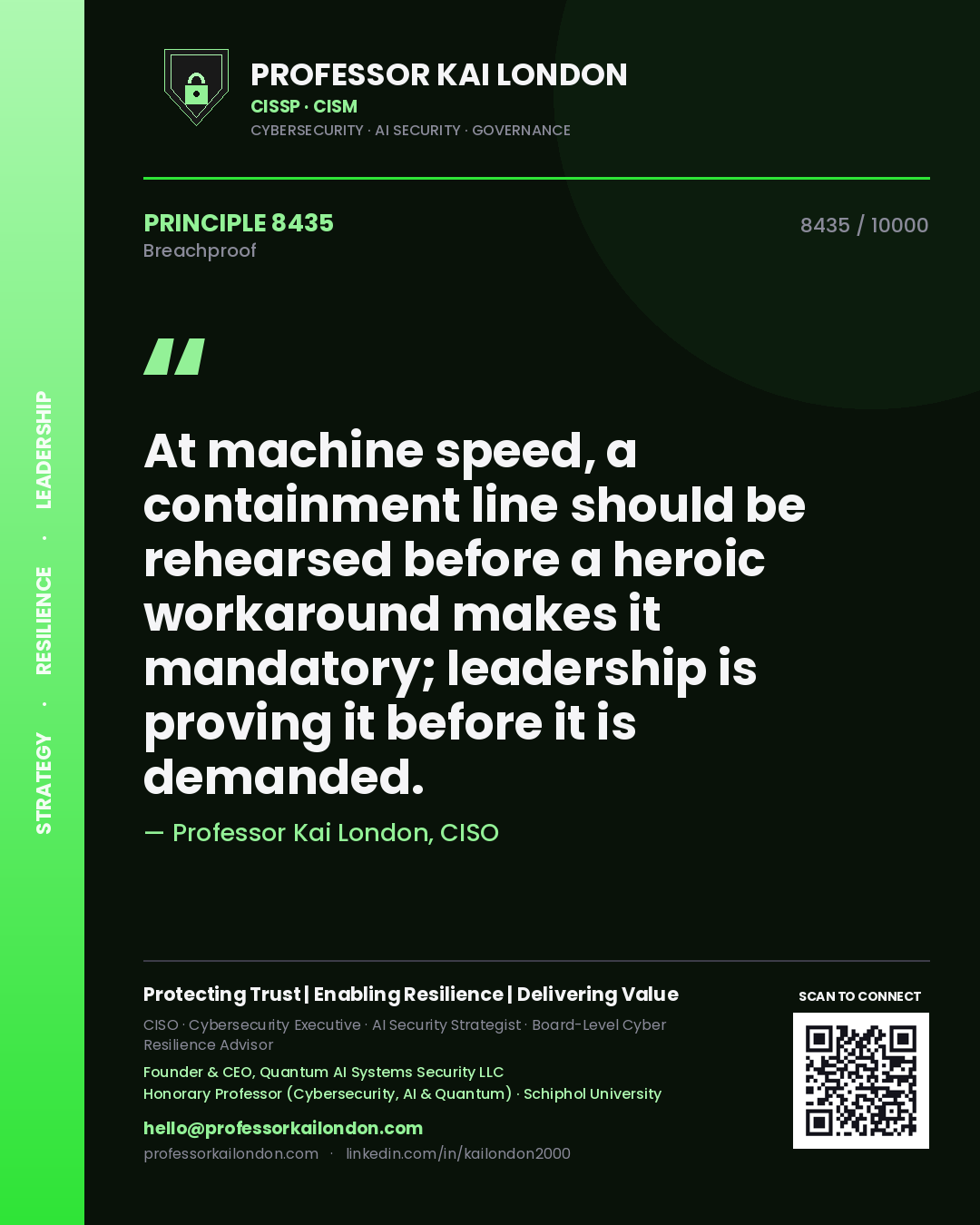 Professor Kai London principle 8435: At machine speed, a containment line should be rehearsed before a heroic workaround makes it mandatory; leadership is proving it before it is demanded.