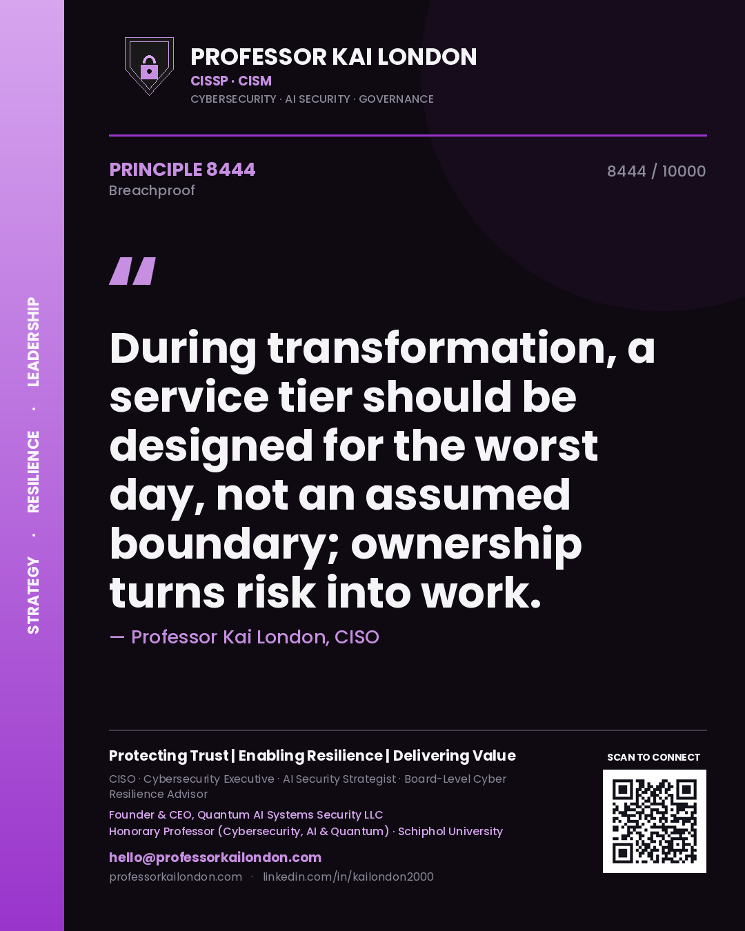 Professor Kai London principle 8444: During transformation, a service tier should be designed for the worst day, not an assumed boundary; ownership turns risk into work.