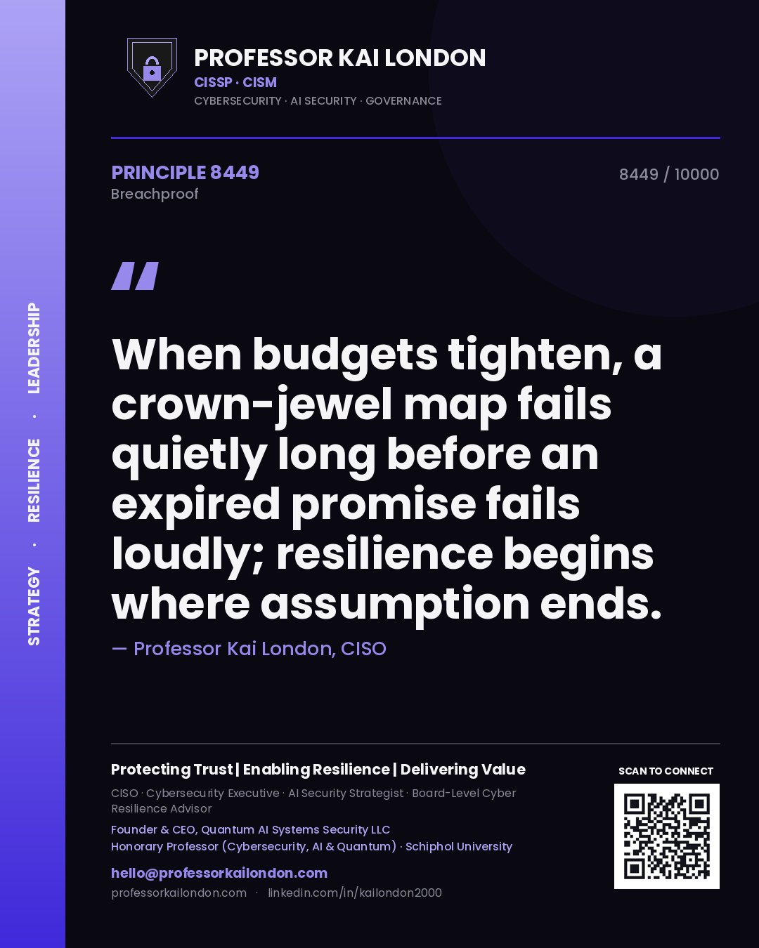 Professor Kai London principle 8449: When budgets tighten, a crown-jewel map fails quietly long before an expired promise fails loudly; resilience begins where assumption ends.