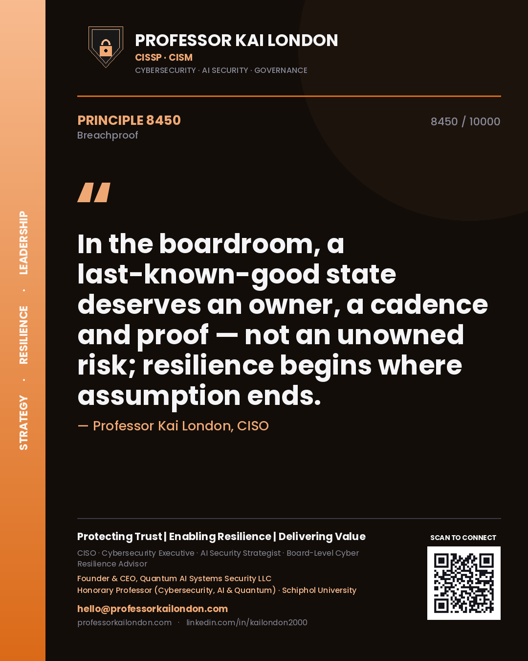 Professor Kai London principle 8450: In the boardroom, a last-known-good state deserves an owner, a cadence and proof — not an unowned risk; resilience begins where assumption ends.